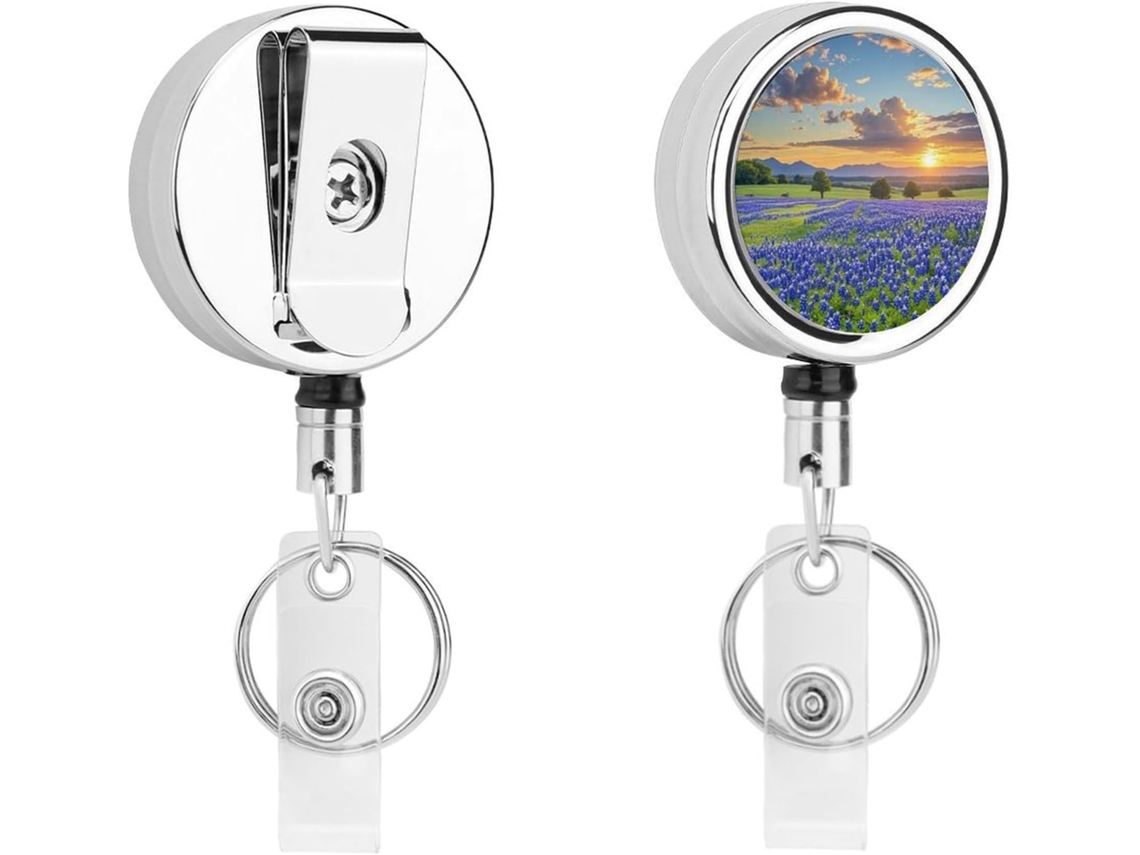 Porta Crachá Retrátil De Metal Compacto E Leve Com Estampa De Flores Azuis Do Texas, Com Clipe E Chaveiro Ideal Para
