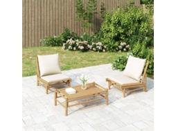 Vidaxl 3 Pcs Conjunto Lounge De Jardim Bambu C/ Almofadões Branco Nata