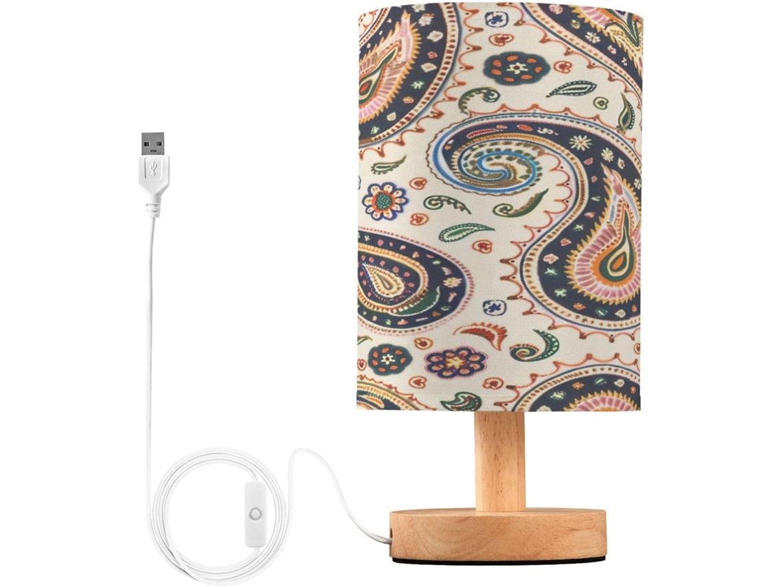 Abajur De Cabeceira Com Estampa Paisley Para Quarto, Portas De Carregaje USB C, Luminária De Mesa Cabeceira