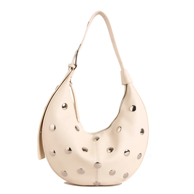 (branca) Bolsa De Ombro Feminina Elegante Com Tachas, Design Luxuoso, Bolsa De Axila Feminina De Cor Sólida