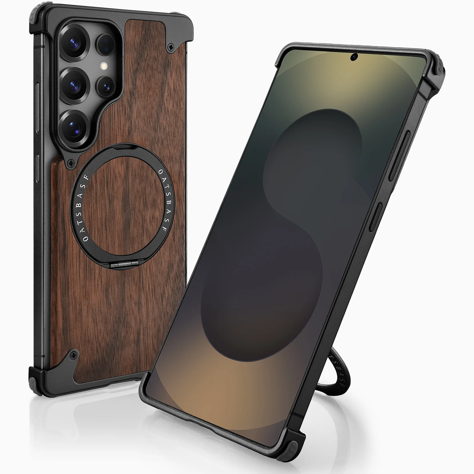 Capa De Madeira Para Celular (galaxy S24 Ultra Preta) Com Suporte Giratório De 360° E Proteção Contra Impactos.