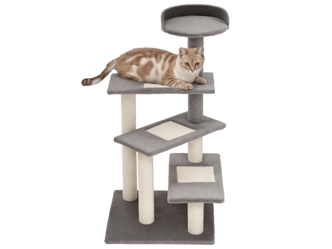 Árvore de Arranhão 48,5x48,5x100cm Cinza e Bege, 3 Plataformas Revestidas de Pelúcia e Sisal, Centro de Atividades para Gatos. Ge