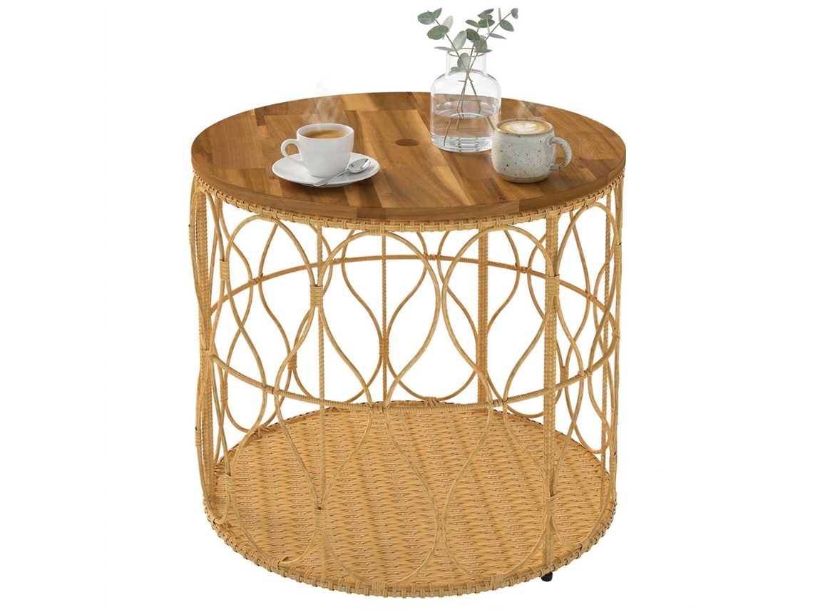 Mesa Lateral Ø50cm, Efeito Rattan, Tampo Acácia, Pés Ajustáveis, Teca