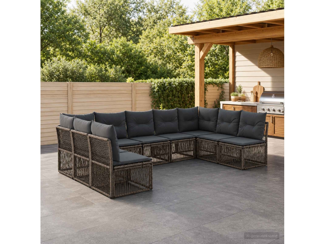 Vidaxl Conjunto De Sofá De Jardim 9 Unid. Cinzento Vime Pe