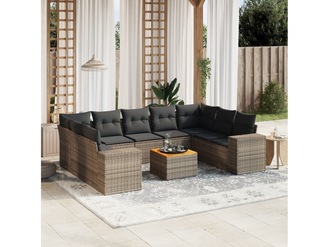 Vidaxl 10 Pcs Conjunto Sofás De Jardim C/ Almofadões Vime Pe Cinzento