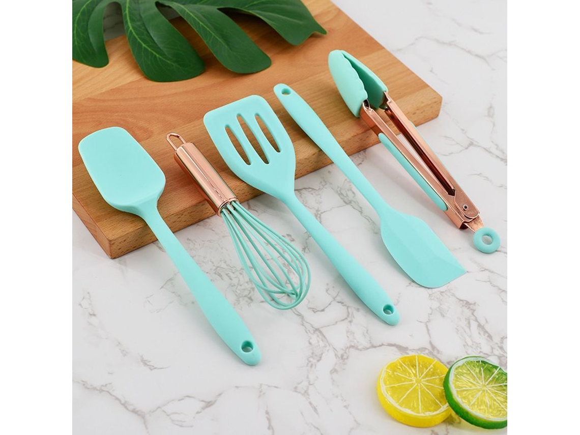 2026 conjunto de 5 Utensílios de Cozinha de Silicone Resistente Ao Calor para Assar, Escorredor e Espátulas Antiaderentes (verde)
