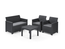 KETER Conjunto jardim terraço EMMA sofa + poltronas + mesa com almofadas grafite LxPxA cm Mesa 58.5x58.5x43; Cadeiras 63x65x74 ; Sofa 113x65x74