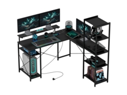 Mesa em L com Estação de Recarga, Escrivaninha de Canto, com Suporte para Monitor, Preto S/MARCA