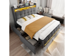 Cama Casal 160x200cm Com Led Usb Prateleiras Gavetas Estofamento Linho Cinza