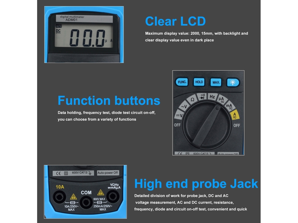 Adm01 Dmm Digital Multimeter Auto Range Ac/dc Voltage Current Tester