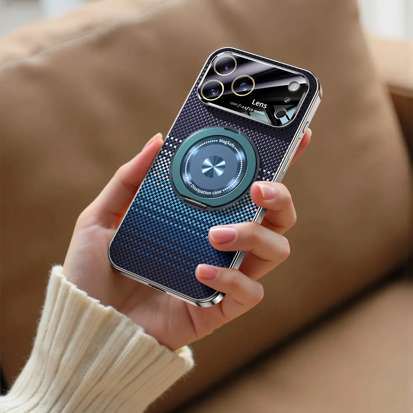 Capa Protetora Magsafe Para Iphone 14 Pro Max (azul Escuro) Com Suporte Magnético Giratório, Em Fibra De Carbono Macia.