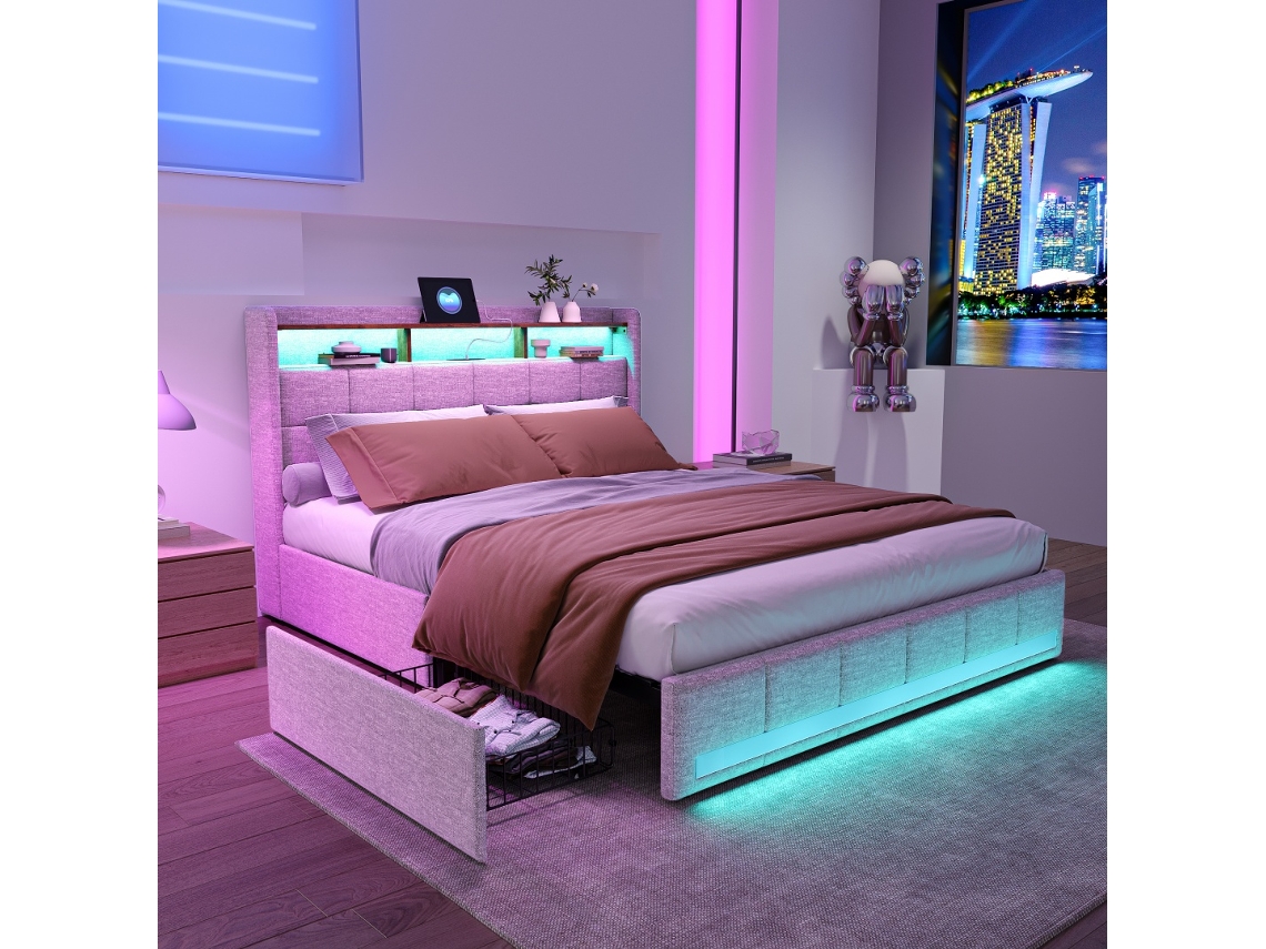 Cama Estofada 140x200 Cm com 4 Gavetas, Cama Moderna com Led e Usb, Linho Respirável Bege BURSDANY
