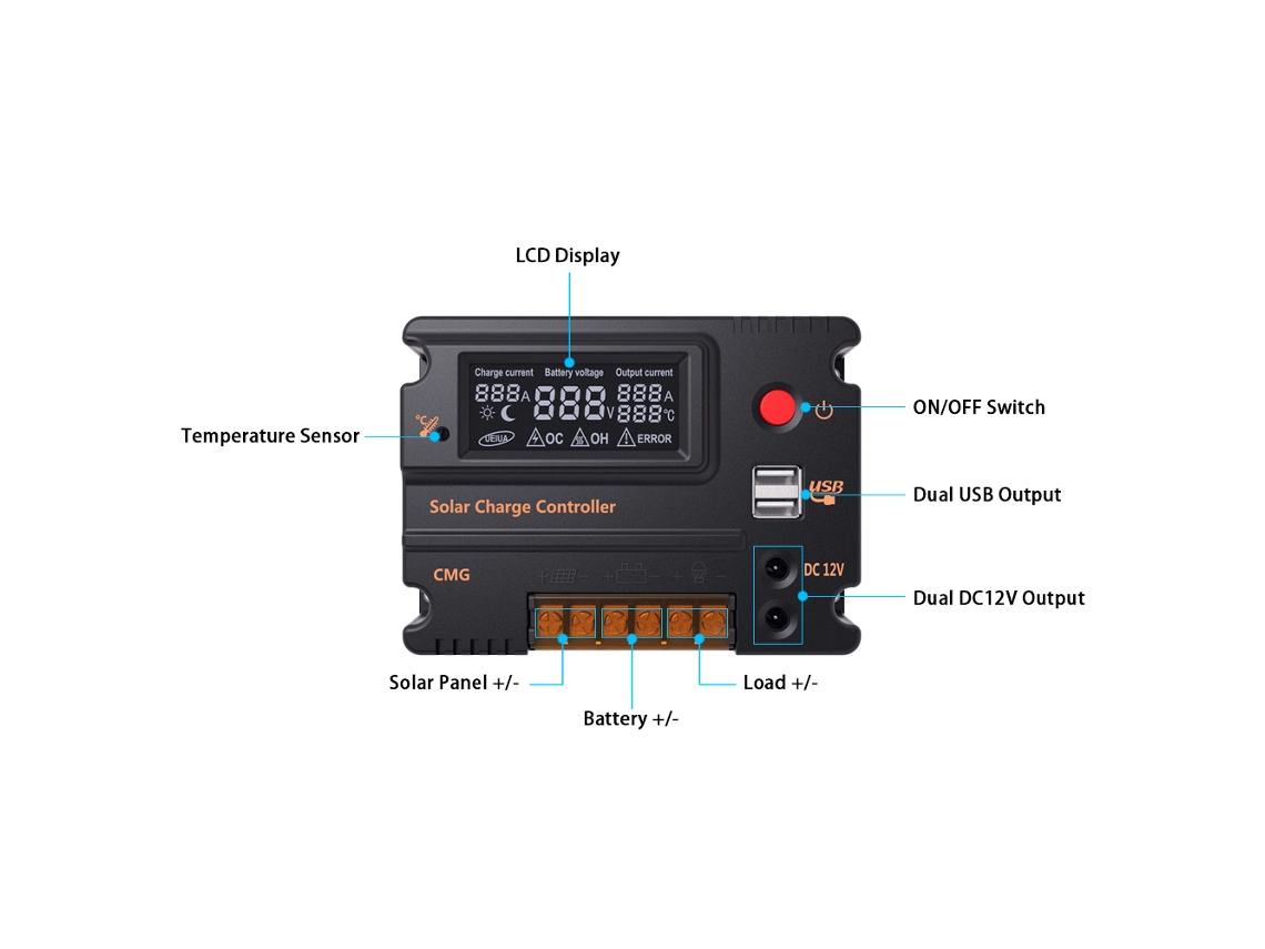 Controlador de carga solar Primerox Pwm 10a 12v/24v com LCD e proteção automática