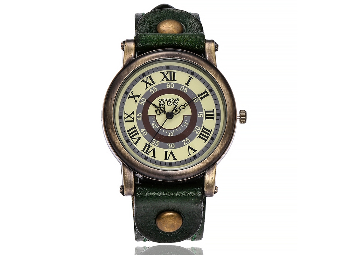 Reloj De Pulsera De Cuarzo Con Correa De Cuero Pu Para Mujer Numerales Romanos Verde