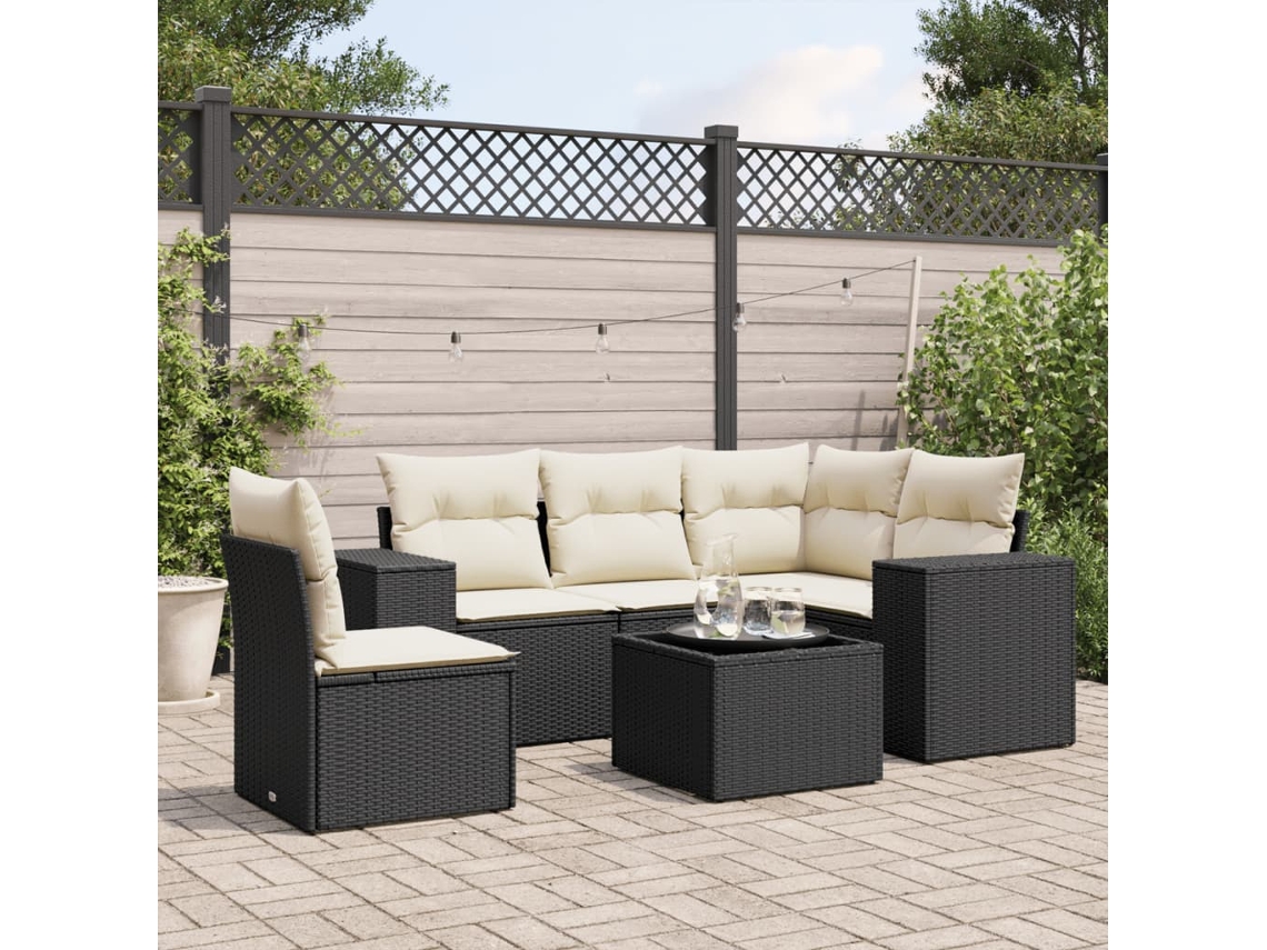 Vidaxl 6 Pcs Conjunto Sofás De Jardim C/ Almofadões Vime Pe Preto