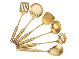 Conjunto Rebe com 6 utensílios de cozinha antiaderentes em aço inoxidável, próprios para lava-louças, resistentes ao calor e portáteis para uso doméstico e em restaurantes.