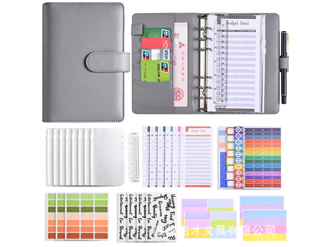 A6 Pu Leather Ring Binder Cash Budget Planner With Zippered Pouch, Macaron Gray, Luxury Gift Set 12-budget Cards +