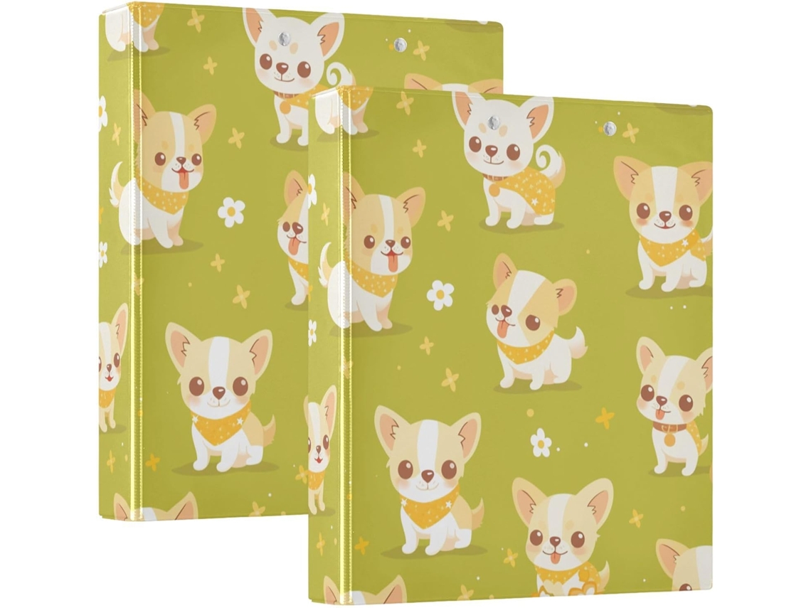 Pasta Escolar com Estampa de Flor Verde Cães, 3,8cm 1-1 2 Polegadas, Três Anéis com Sacolas, Pacote com 1 2 Unidades