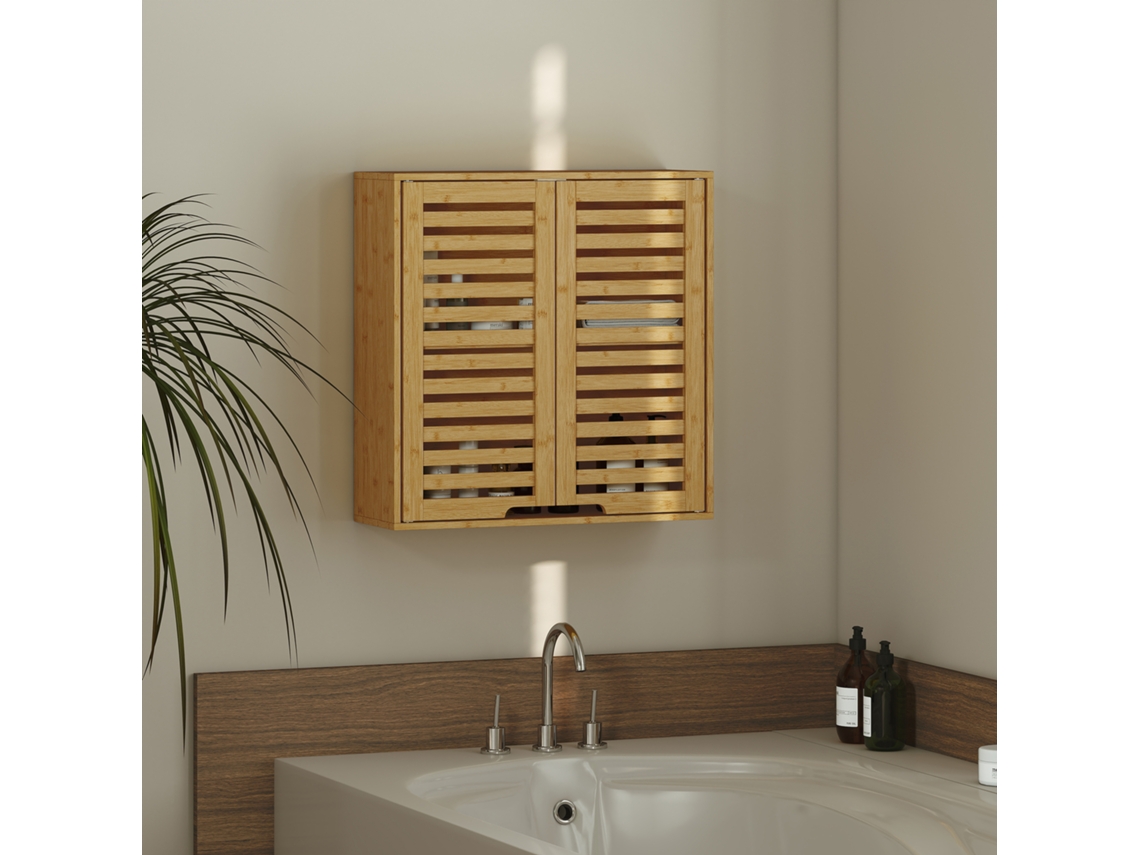 Armário Banheiro Suspenso Bambu, Portas Persianas, Prateleira Ajustável, 60x20x60 Cm, Madeira Natural