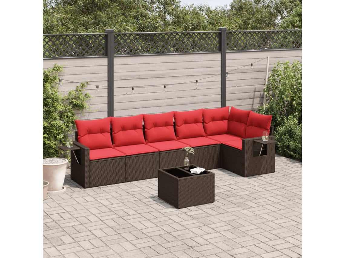 Vidaxl Conjunto De Sofá De Jardim Com 7 Peças E Almofadas Em Rattan Sintético Marrom
