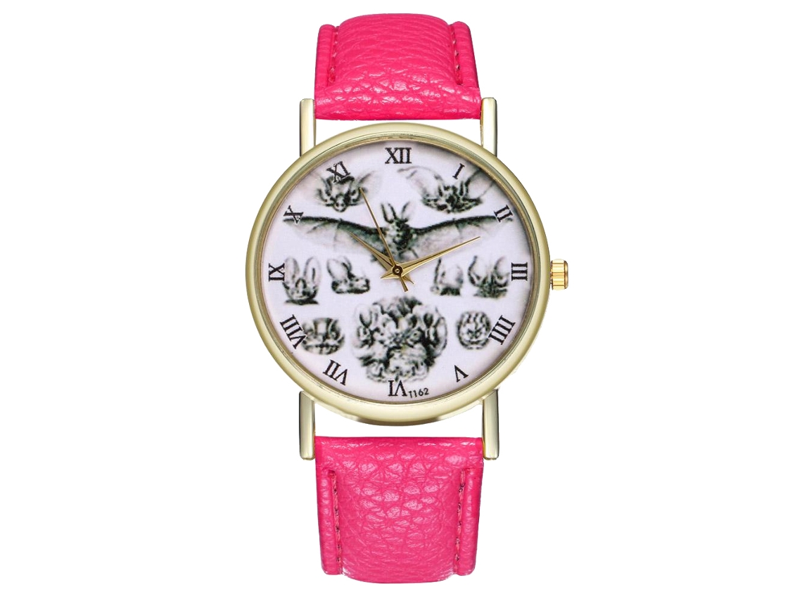 Relógio de quartzo unissex com pulseira de couro PU, estampa de morcego moderna, numerais romanos e mostrador vermelho e rosa.