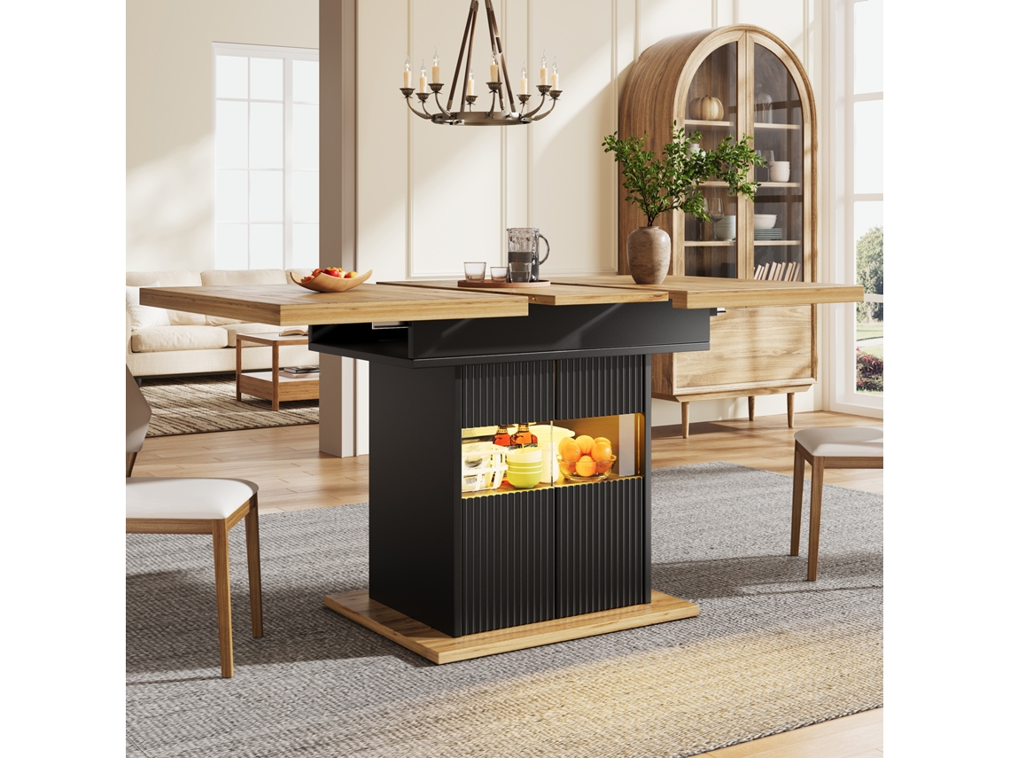 Mesa De Jantar Extensível Com Arrumação E Iluminação Led 110-140cm, Prateleira Ajustável, Carga 60kg Tom Madeira Preta