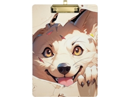 Broche de metal branco e amarelo com cachorrinho fofo atrás de uma parede quebrada e clipe de papel rígido.