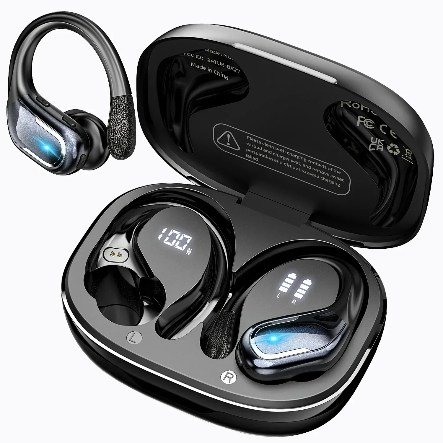 Fones de Ouvido Esportivos Sem Fio com Ganchos e Visor de Led MDUG (preto)