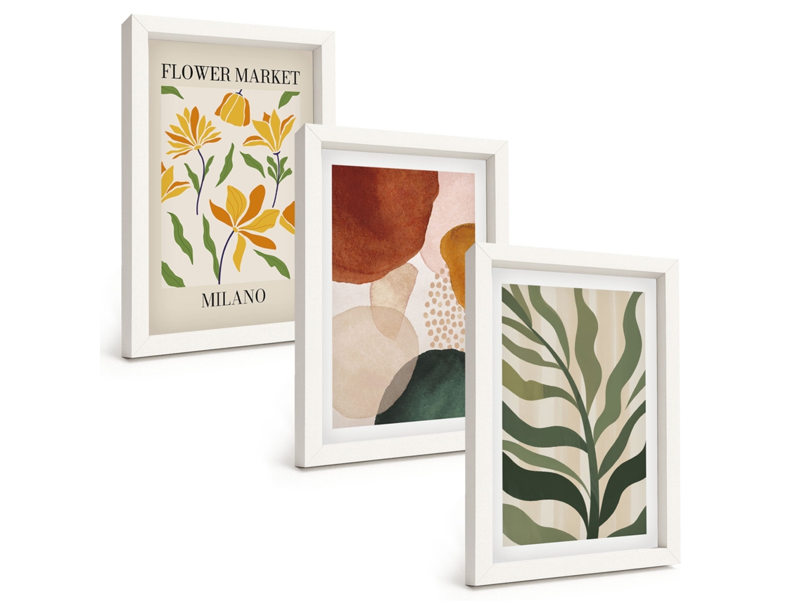 Composição De Quadros Formas Florais Abstratas Moldura Branca Quadros Para A Sala De Estar Espelharte (3 Peças 20x30 Cm)
