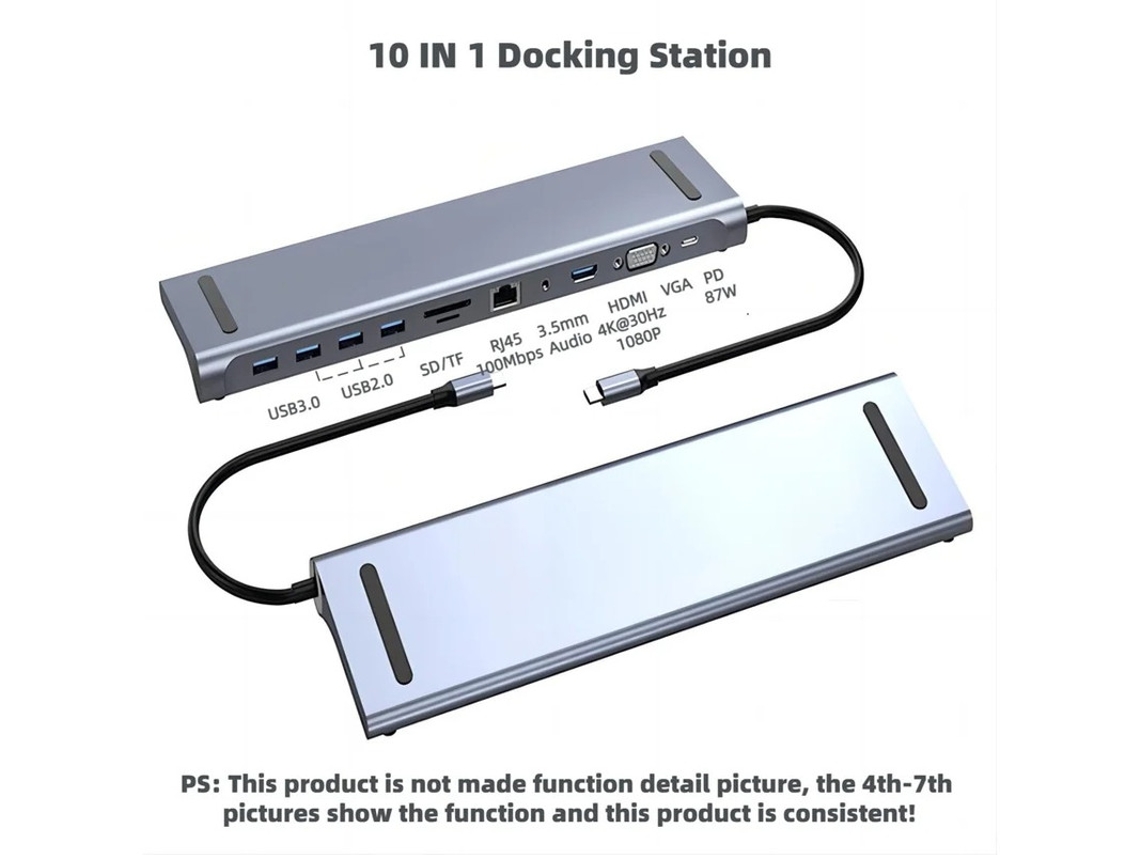Hub Usb C, Estação De Acoplamento Adaptador 10 Em 1 Com 4k Hdmi, Vga, Pd De 87 W, 5 Gbps Usb3.0/2.0, Ethernet Rj45, Leitor De Cartão Sd/tf Bestvite