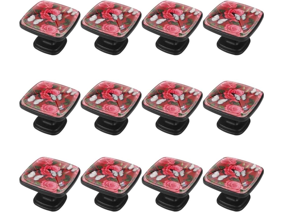 Puxadores E Maçanetas Quadradas Para Armários De Cozinha, Conjunto De 12 Peças, Com Estampa Floral De Borboleta E Rosa