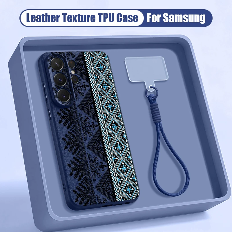 Capa Para Celular Galaxy A55 Com Estampa Floral Retrô, Em Tpu, Com Cordão (azul).