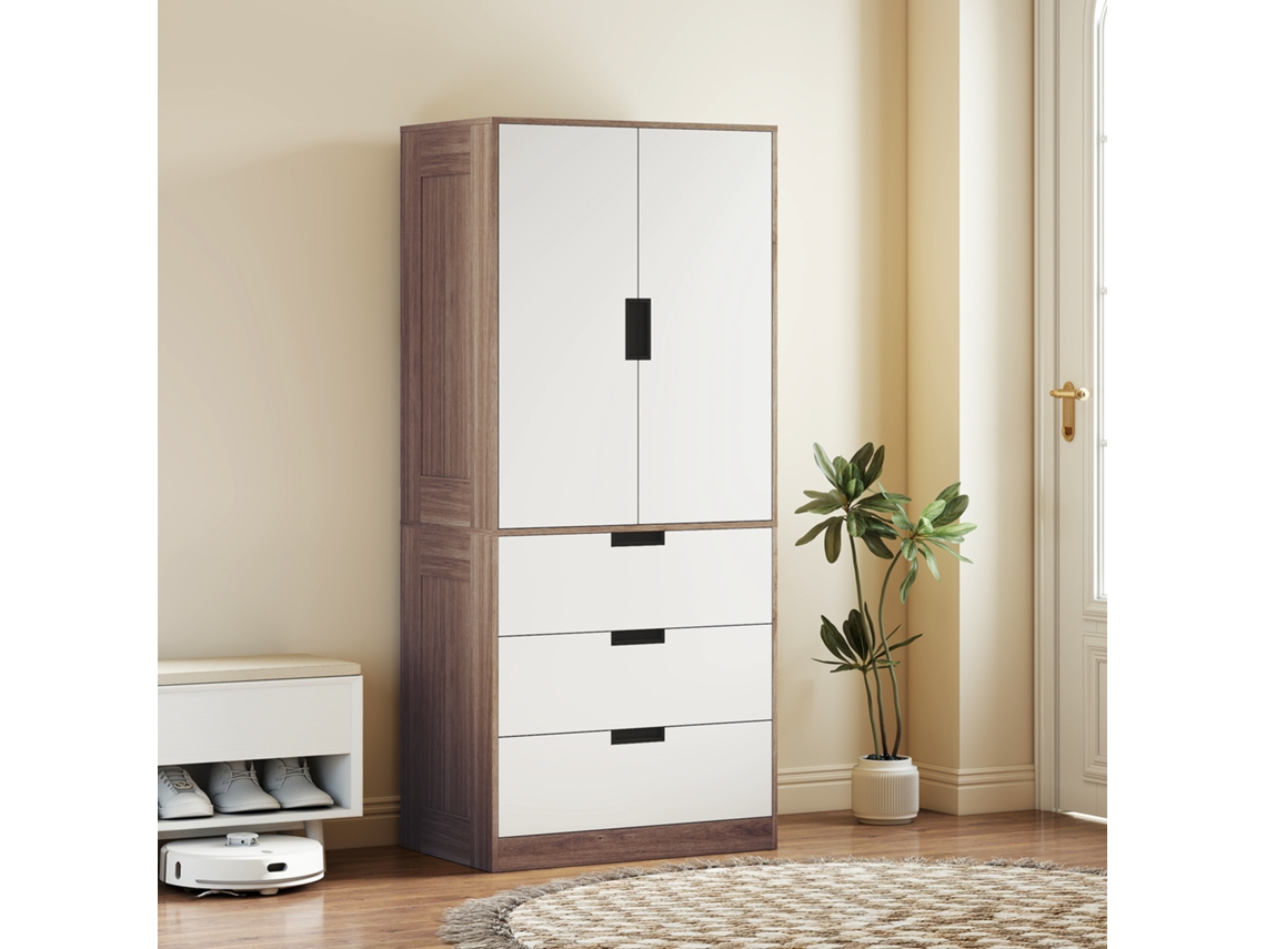 Armário Moderno De 2 Portas Com 3 Gavetas E Haste Para Quarto, Marrom