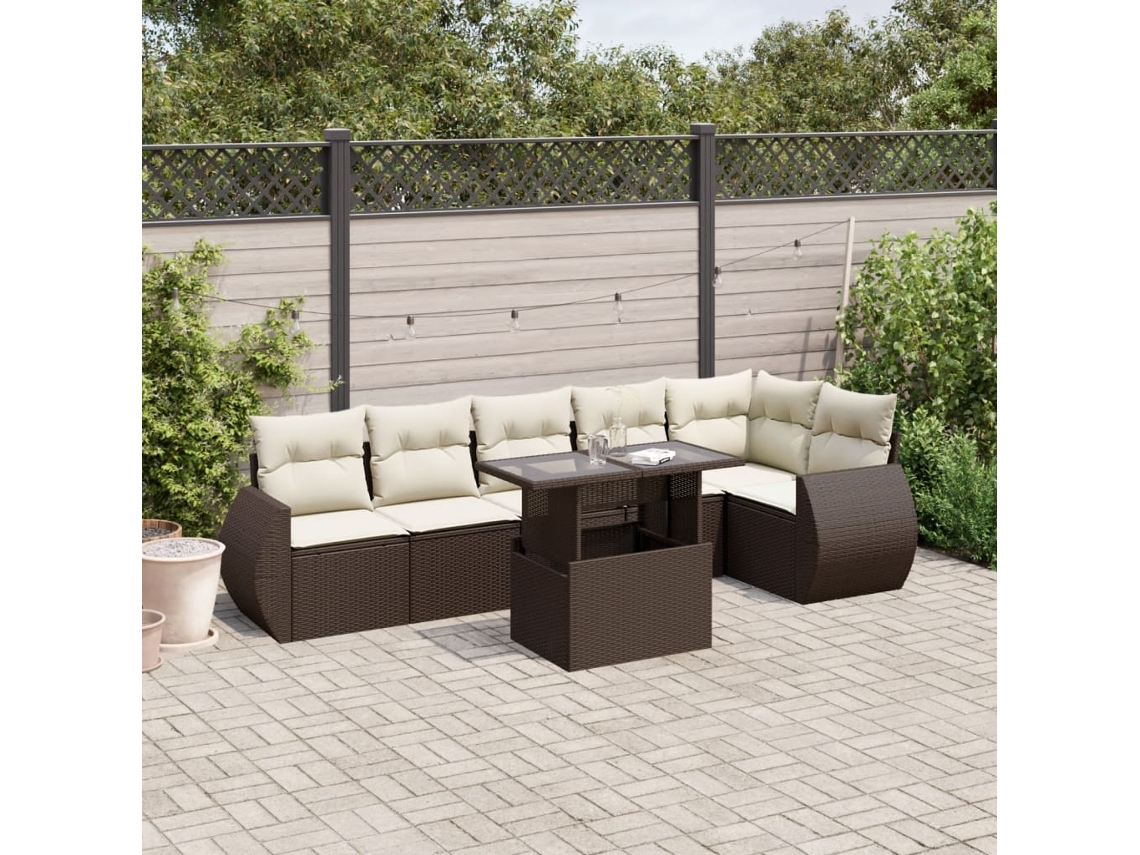 Vidaxl 7 Pcs Conjunto De Sofás Jardim C/ Almofadões Vime Pe Castanho