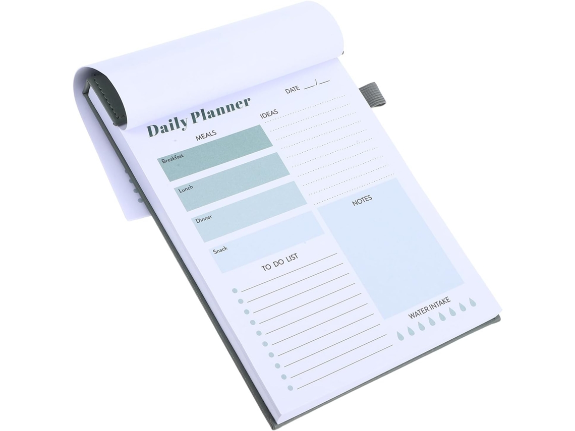 Caderno A5 para reuniões, com linhas de marcação, papel liso, layout claro, organizador diário.