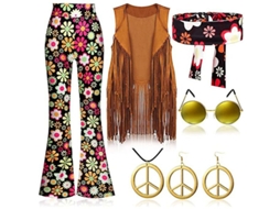 Fasst traje Retrô Hippie Anos 70 com Colete de Franja, Calças e Cachecol | S/MARCA
