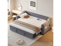 Sofá-cama Cinza 90/180x190cm Veludo (réplica), Bluetooth, Usb, Braços Largos, Ripas. Cs