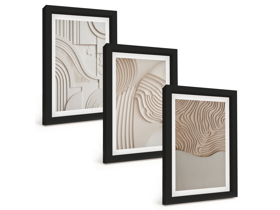 Composição De Quadros Padrões Abstratos Em Bege E Branco Espelharte (3 Peças 20x30 Cm)