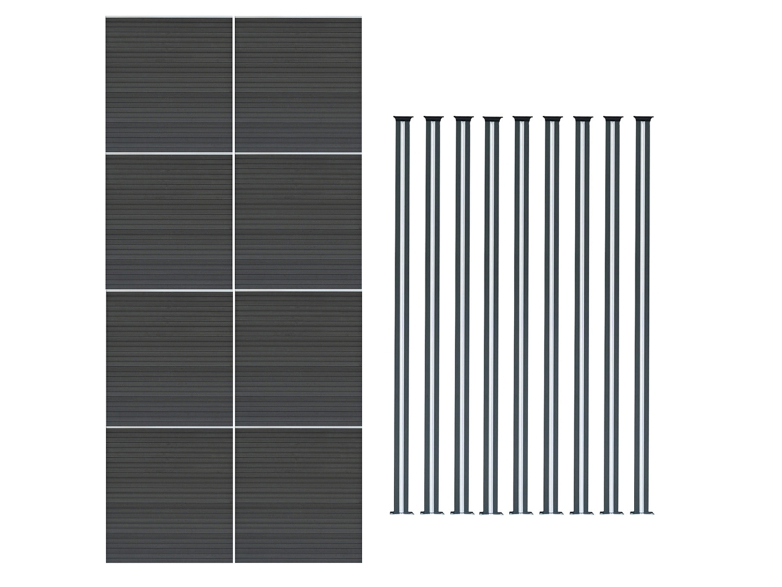 Vedao Exterior Wpc 185x1391cm | Cinzento | 8 Painis 9 Postes De Alumnio Com Led Solar | Painel Dupla Face | Design Monstershop