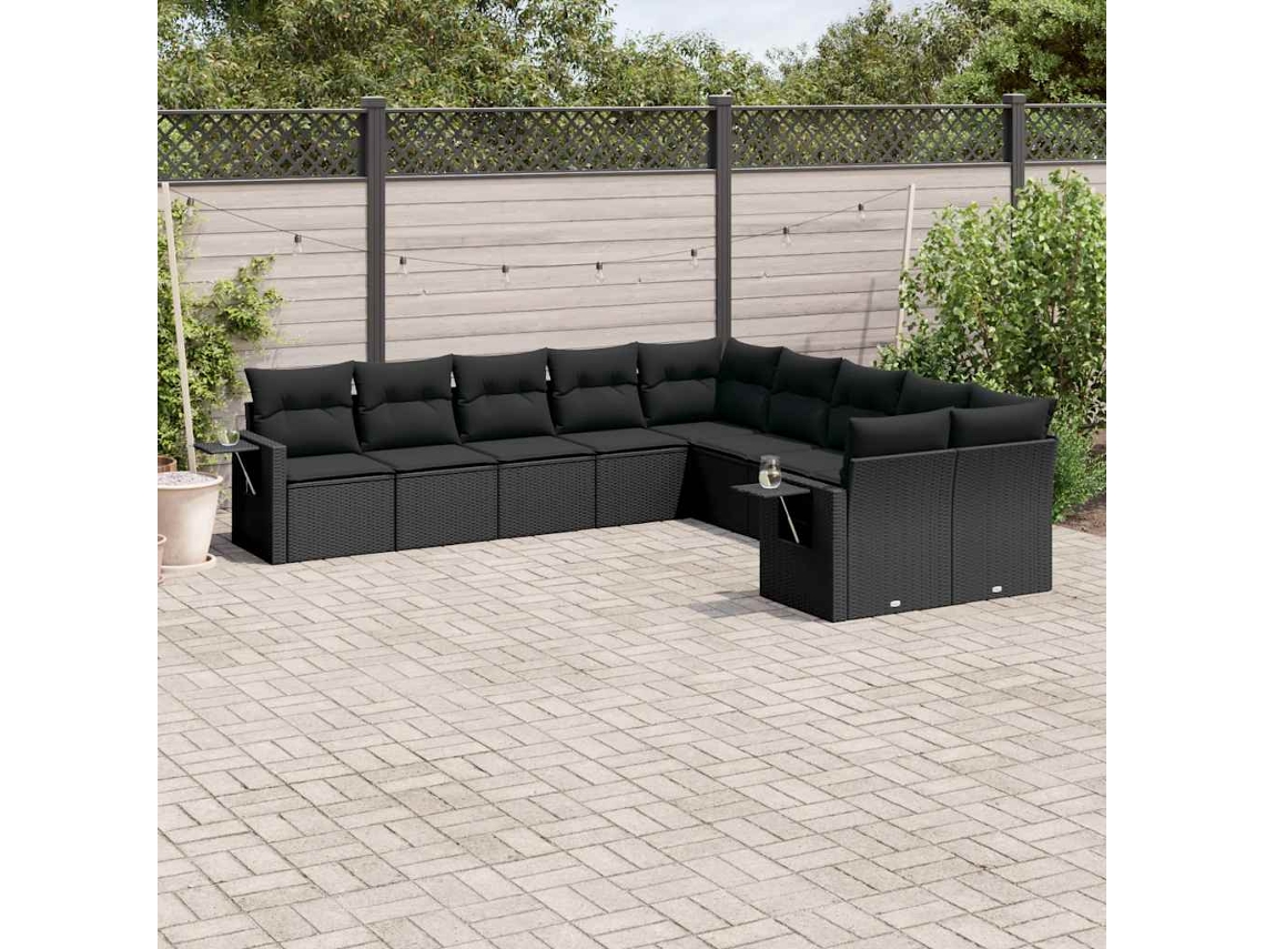 Vidaxl 10 Pcs Conjunto Sofás De Jardim C/ Almofadões Vime Pe Preto