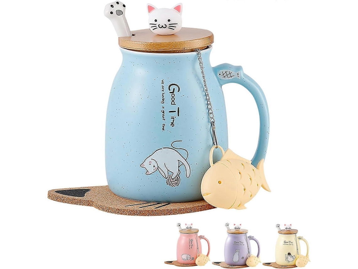 Caneca De Gato, Xícara Café Cerâmica Fofa Com Tampa Gatinho Adorável E Colher Aço Inoxidável, Moderna Para Da Manhã, Chá, Leite, P Aquaforge