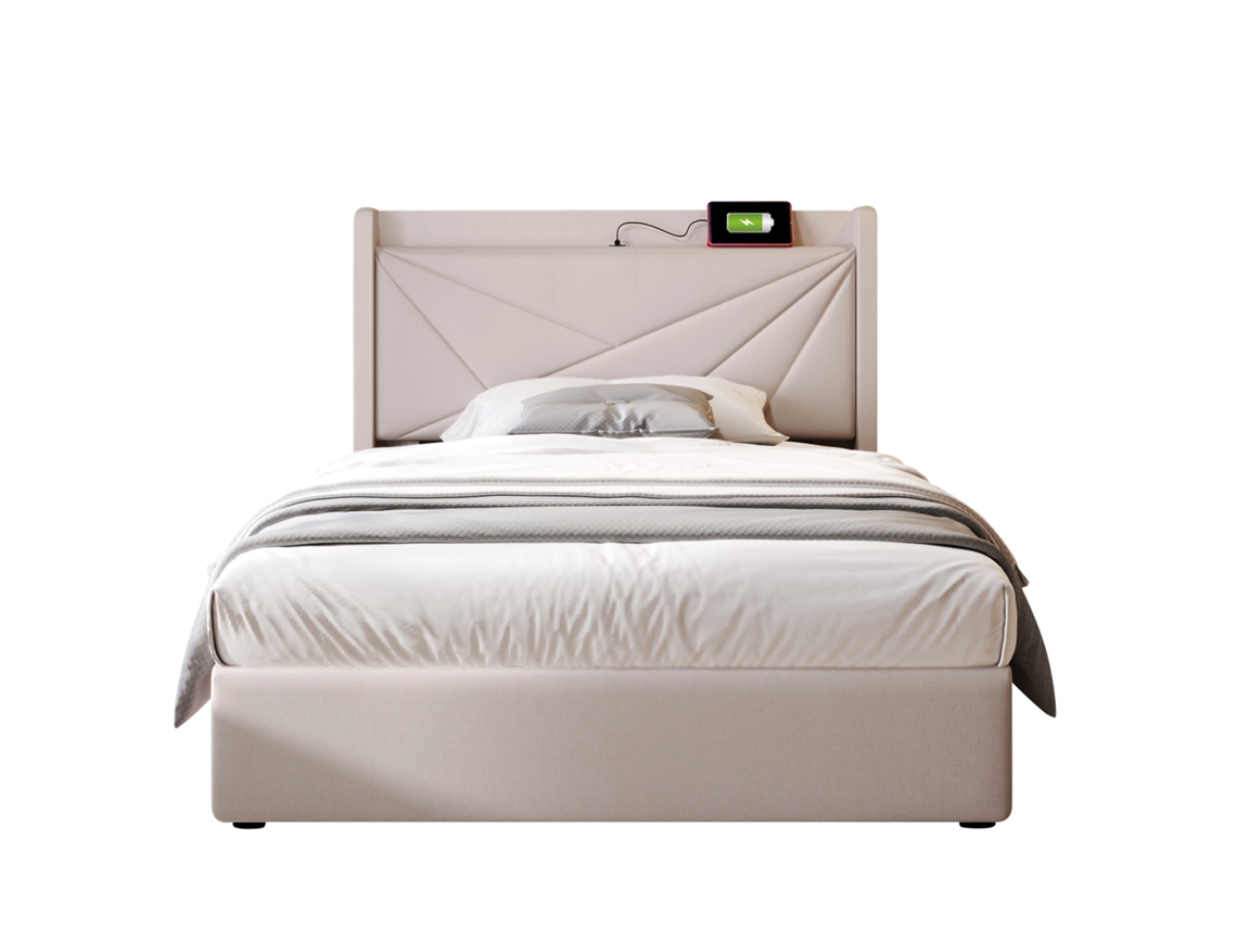 Cama Estofada Solteiro 90x200 com Baú e Usb PAPRIKA