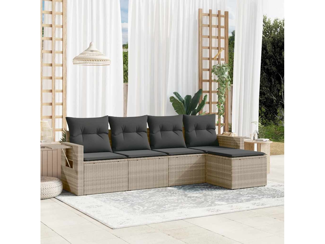 Vidaxl 5 Pcs Conj. Sofás Jardim C/ Almofadões Vime Pe Cinzento-claro