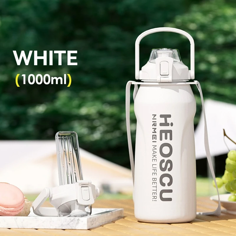 (branca, 1000ml) Garrafa De Água De Aço Inoxidável Com Isolamento A Vácuo, Grande Capacidade, Garrafa De Água Esportiva