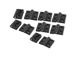 Dobradiça de porta em plástico reforçado preto com parafusos.