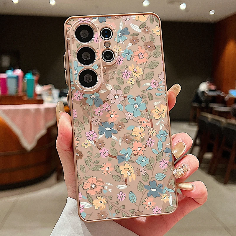 Capa Magnética Dourada Para Celular Samsung Galaxy A36 Com Estampa Floral Pequena