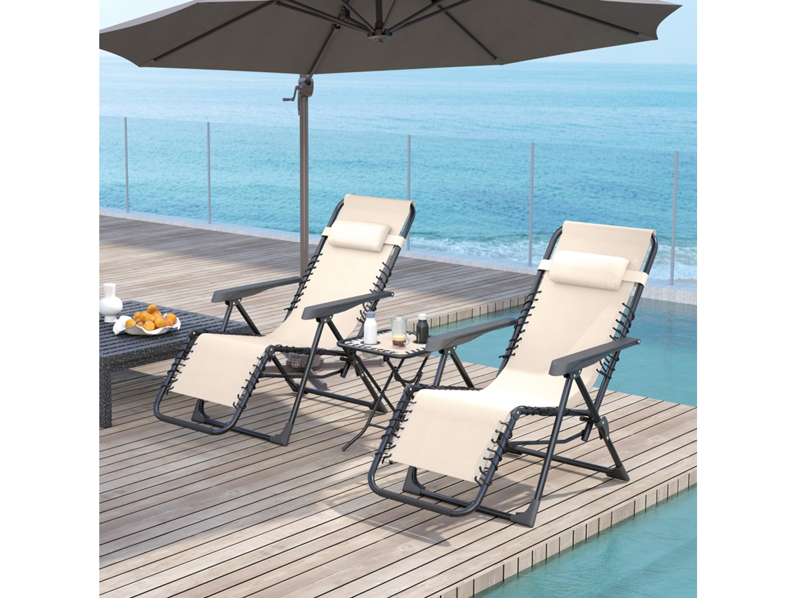 Conjunto De 2 Cadeiras De Praia Dobráveis Com Gravidade Zero, Encosto Ajustável E Mesa, Bege.