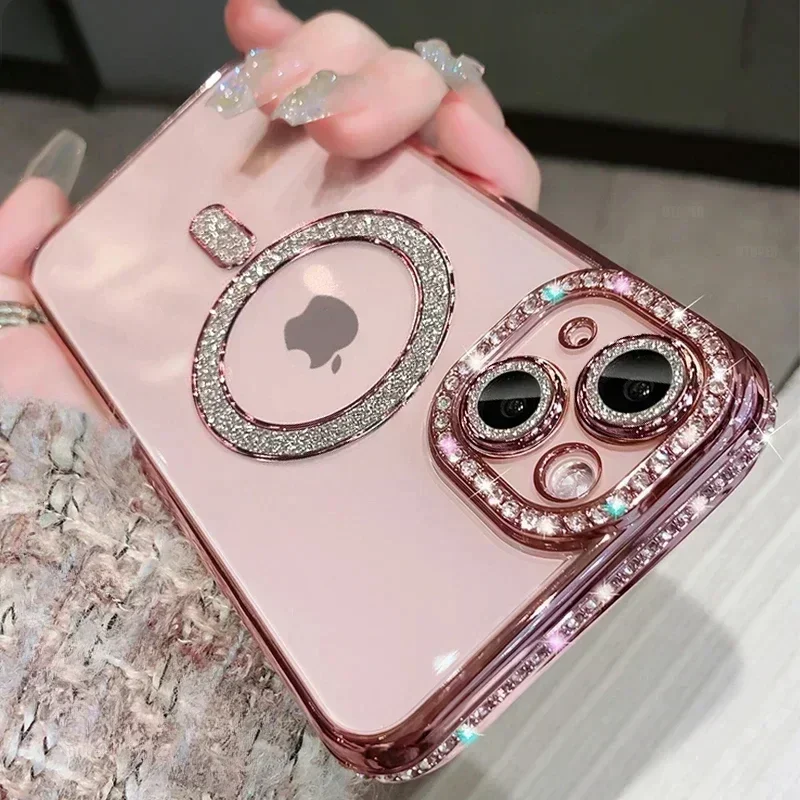 (iphone 14 Plus, Rosa) Capa Transparente E Brilhante Com Cristais Para Iphone, Compatível Com Carregamento Sem Fio Magnético Magsafe.