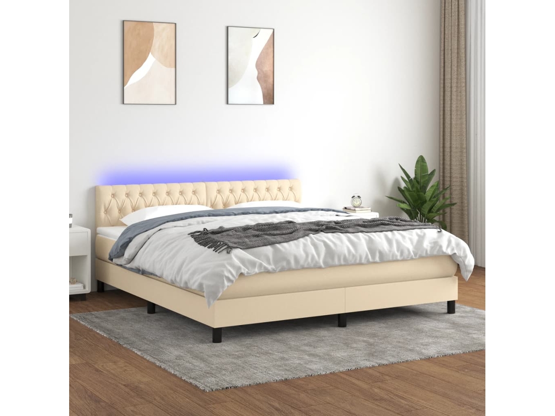 Vidaxl Cama Box Spring C/ Colchão E Led 160x200 Cm Tecido Cor Creme