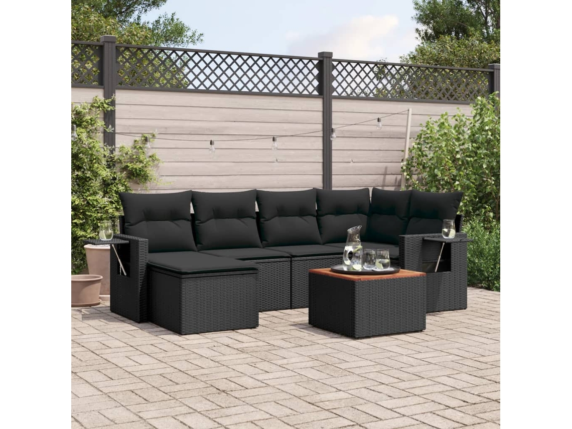 Vidaxl 7 Pcs Conjunto de Sofás P/ Jardim C/ Almofadões Vime Pe Preto
